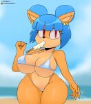  activision anthro bandicoot berkthejerk big_breasts blue_hair breasts clothed clothing crash_bandicoot_(series) crash_team_racing_(series) crash_team_racing_nitro-fueled curvy_figure female food hair hi_res mammal marsupial megumi_bandicoot popsicle popsicle_melting red_eyes solo thick_thighs video_games voluptuous 