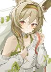  1girl arknights azuazu_0405 beanstalk_(arknights) beanstalk_(gift_uncompleted)_(arknights) bell blush braid brown_hair collar frilled_collar frills green_hairband green_nails green_shirt hair_between_eyes hair_ornament hairband hairclip highres holding holding_ribbon hyena_ears hyena_girl long_hair looking_at_viewer neck_bell official_alternate_costume red_eyes red_hairband red_nails red_ribbon ribbon shirt simple_background single_bare_shoulder sketch smile solo star_(symbol) star_hair_ornament striped striped_hairband sweater two-tone_nails upper_body white_background white_collar white_sweater 