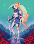  1girl adapted_costume alternate_costume armor armored_boots armored_dress bishoujo_senshi_sailor_moon boots breastplate crescent_moon double_bun field flower flower_field hair_bun long_hair luna_(sailor_moon) meloramylin moon pleated_skirt red_flower red_ribbon red_rose ribbon rose sailor_moon shoulder_armor skirt solo solo_focus sword tsuki_ni_kawatte_oshioki_yo tsukino_usagi twintails weapon 