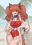  1girl :d absurdres angelina_(arknights) angelina_(summer_flowers)_(arknights) animal_ears arknights beach black_collar blue_sky bracelet breasts brown_hair cleavage collar cowboy_shot earpiece fox_ears fox_girl fox_tail hair_ribbon highres infection_monitor_(arknights) jewelry light_blush looking_at_viewer medium_breasts multiple_rings necklace official_alternate_costume open_mouth outdoors palm_leaf red_eyes red_ribbon red_swimsuit ribbon ring sand sarong sky smile solo swimsuit tail thigh_strap thighs twintails water white_sarong yinml_yinian 