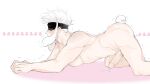  1boy abs animal_ears ass black_blindfold blindfold blush commentary_request cum erection gojou_satoru highres jujutsu_kaisen male_focus manboobs moy64904958 muscular muscular_male nipples nude pectorals penis rabbit_boy rabbit_ears rabbit_tail short_hair solo tail testicles thick_thighs thighs trembling white_background white_hair 