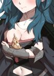  1girl blue_hair blush breasts byleth_(fire_emblem) byleth_(fire_emblem)_(female) cleavage fire_emblem fire_emblem:_three_houses gauntlets head_out_of_frame highres long_hair morisobo navel nipples one_breast_out simple_background solo white_background 