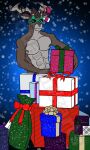  anthro antlers aquapunkarts christmas_lights dolph_(fortnite) epic_games fortnite gift_bow gift_box hi_res horn male nipples shirtless_(male) shirtless_anthro solo sunglasses_on_face video_games watermark 
