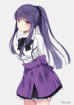  1girl apron arms_behind_back artist_name asagami_fujino asagami_fujino_(second_ascension) bangs black_bow black_skirt blunt_bangs blush bow bowtie commentary fate/grand_order fate_(series) grey_background head_tilt kaetzchen kara_no_kyoukai long_hair long_sleeves looking_at_viewer miniskirt pocket ponytail purple_apron purple_hair red_eyes shirt sidelocks simple_background skirt solo straight_hair waist_apron white_shirt 