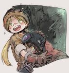  +_+ 1boy 1girl blonde_hair blush brown_gloves brown_hair brown_jacket cape cave closed_mouth commentary_request dark-skinned_male dark_skin facial_mark fake_horns female_child glasses gloves green_eyes hair_between_eyes helmet horned_helmet horns hug jacket long_hair made_in_abyss male_child male_focus mechanical_arms open_mouth pointy_ears red_cape regu_(made_in_abyss) riko_(made_in_abyss) short_hair short_sleeves sketch slit_pupils smile solo sparkle teeth thick_eyebrows toge_(owannun) twintails twitter_username upper_body upper_teeth yellow_eyes 