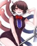  1girl :d adapted_costume blurry blurry_background blurry_foreground bow bowtie chromatic_aberration depth_of_field earrings highres houjuu_nue jewelry kashiwara_mana looking_at_viewer motion_blur red_bow red_bowtie red_eyes smile soft_focus teeth touhou wings 