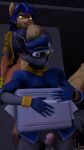  3d_(artwork) anthro big_breasts big_penis blue_hair breasts briefcase carmelita_fox clothed clothing digital_media_(artwork) duo genitals glowing glowing_eyes gynomorph hair hat headgear headwear hi_res huge_penis intersex male ok_bruh pantsless penis sly_cooper sly_cooper_(series) sony_corporation sony_interactive_entertainment source_filmmaker sucker_punch_productions tongue tongue_out topwear video_games warfare_machine 