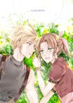  1boy 1girl aerith_gainsborough akebi_(kakuri) aqua_eyes bangle bangs blonde_hair bracelet braid braided_ponytail brown_hair character_name cloud_strife cropped_jacket dress final_fantasy final_fantasy_vii final_fantasy_vii_remake grass green_eyes grey_shirt hair_between_eyes hair_ribbon jacket jewelry looking_at_another lying on_back on_side open_mouth outdoors parted_bangs parted_lips pink_dress pink_ribbon red_jacket ribbon shirt short_hair short_sleeves sidelocks sleeveless sleeveless_turtleneck smile spiked_hair suspenders turtleneck upper_body wavy_hair 