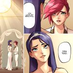  2girls artist_name blue_eyes blue_hair blush caitlyn_(league_of_legends) dress english_text eyebrow_cut league_of_legends multiple_girls neck_tattoo red_hair short_hair talt_lo tattoo tears vi_(league_of_legends) wedding wedding_dress white_dress yuri 