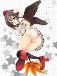  anus ass bent_over black_legwear black_wings blush censored fan geta hanao_(kuma-tan_flash!) hat hauchiwa kneehighs looking_at_viewer no_panties open_mouth pussy red_eyes shameimaru_aya short_hair socks solo tengu-geta tokin_hat touhou wings 