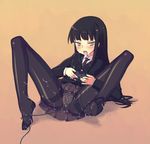  black_hair blush controller crotch cum cum_on_clothes facial feet female_protagonist_(houkago_play) game_controller houkago_play kimarin long_hair open_mouth panties panties_under_pantyhose pantyhose pantyshot playing_games purple_eyes saliva school_uniform soles solo spread_legs thighband_pantyhose tongue underwear video_game 