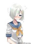  1girl blue_eyes blue_sailor_collar blush commentary_request flying_sweatdrops hair_ornament hair_over_one_eye hairclip hamakaze_(kantai_collection) highres kantai_collection neckerchief sailor_collar school_uniform serafuku short_hair silver_hair simple_background sleepy solo twitter_username v_r_dragon01 white_background yellow_neckwear 