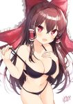  1girl :d absurdres artist_name bangs bare_arms bare_shoulders bikini black_bikini blush bow breasts brown_hair commentary_request cowboy_shot eyebrows_visible_through_hair frilled_bow frills hair_between_eyes hair_bow hair_tubes hakurei_reimu hand_on_own_chest hands_up heart highres large_breasts long_hair looking_at_viewer navel nenobi_(nenorium) open_mouth red_bow red_eyes signature simple_background smile solo standing stomach strap_pull swimsuit thighs touhou very_long_hair white_background 