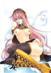  ass bad_id bad_pixiv_id black_legwear blue_eyes blue_nails boots breasts headphones knee_boots large_breasts legs long_hair megurine_luka nail_polish navel nipples open_clothes pink_hair pussy pussy_juice solo thighhighs traditional_media trimcolor vocaloid 