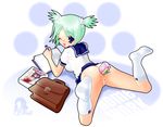  anal anal_object_insertion anus ass bag blue_eyes blush book bookbag copyright_request green_hair homework no_panties object_insertion one_eye_closed pencil_case polo pussy school_uniform short_hair signature socks solo spread_legs twintails 