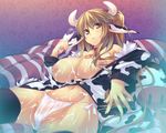  :&lt; animal_ears animal_print bell black_legwear blonde_hair blush breasts cameltoe cow_ears cow_print cum horns huge_breasts lactation long_hair milk nipples open_clothes open_shirt original panties purple_eyes shimakaze shirt side-tie_panties solo thighhighs underwear 