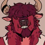  1:1 anthro beard bovid bovine brown_horn brown_nose cattle clothing facial_hair fur glistening glistening_nose hair hair_over_eye horn imperatorcaesar low_res male mammal messy_hair neck_tuft one_eye_obstructed red_beard red_body red_ears red_fur red_hair red_inner_ear short_hair solo teeth topwear tuft white_clothing white_topwear 
