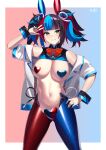  1girl absurdres animal_ears bangs black_hair blue_hair blush bow bowtie breasts covered_nipples fake_animal_ears fate/grand_order fate_(series) grin heart_maebari heart_pasties highres jacket kurozawa_yui large_breasts long_hair looking_at_viewer maebari meme_attire multicolored_hair navel off_shoulder open_clothes open_jacket pasties rabbit_ears red_hair revealing_clothes reverse_bunnysuit reverse_outfit sei_shounagon_(fate) short_sleeves smile solo thighs twintails wrist_cuffs yellow_eyes 
