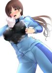  1girl blue_track_suit breasts brown_eyes brown_hair idolmaster idolmaster_cinderella_girls kirisaki_byakko large_breasts long_hair nitta_minami open_mouth pants solo sweat tongue track_pants 