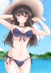  1girl bikini black_hair blue_bikini blue_sky blurry blurry_background breasts choukai_(kancolle) cleavage cloud cowboy_shot day glasses groin hat highres kantai_collection long_hair looking_at_viewer mountain navel nitamako_(sakamalh) official_alternate_costume outdoors red_eyes side-tie_bikini sky solo straw_hat striped striped_bikini sun_hat swimsuit thigh_gap water 