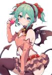  1girl bangs bare_shoulders belt black_thighhighs blue_eyes blush bow breasts cleavage cleavage_cutout clothing_cutout commentary_request demon_girl demon_tail demon_wings detached_sleeves green_hair hair_between_eyes hair_bow headset heart highres hip_vent ikeuchi_tanuma layered_skirt looking_at_viewer medium_hair miniskirt navel_cutout original red_bow shirt simple_background skirt sleeveless sleeveless_shirt small_breasts smile solo spoken_heart tail thighhighs twintails white_background wings zettai_ryouiki 