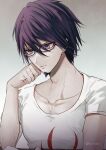  1boy bangs black-framed_eyewear black_hair closed_mouth collarbone danganronpa_(series) danganronpa_v3:_killing_harmony facial_hair glasses goatee gradient gradient_background grey_background momota_kaito pink_eyes print_shirt sakuyu shiny shiny_hair shirt short_hair short_sleeves solo upper_body white_shirt 