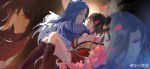  1boy 1girl absurdres baifeng_(qin_shi_ming_yue) bare_shoulders black_background blood blood_on_face blue_eyes blue_hair brown_hair carrying chi_lian_(qin_shi_ming_yue) couple dress falling_petals flower hair_ornament highres long_hair petals princess_carry qin_shi_ming_yue red_dress scarf silhouette xiao_fen_ying 