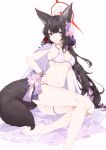  1girl absurdres animal_ears armpits ass bare_legs barefoot bikini black_hair blue_archive breasts cape flower fox_ears fox_girl fox_tail hair_flower hair_ornament halo halterneck highres kirschma large_breasts large_tail long_hair looking_at_viewer navel parted_lips pink_flower revision simple_background solo stomach strap_gap string_bikini swimsuit tail thigh_strap thighs very_long_hair wakamo_(blue_archive) wakamo_(swimsuit)_(blue_archive) white_background white_bikini 