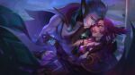  1boy 1girl abs absurdres bangs bare_shoulders biceps black_nails black_skirt blurry blurry_background cape closed_mouth corruption couple crying eye_contact facial_hair fangs feathers field flower flower_field gem grass green_hair grey_hair hand_on_another&#039;s_face hetero highres holding holding_hands league_of_legends long_hair looking_at_another lying multicolored_hair muscular muscular_male nail_polish night night_sky on_back outdoors park pectoral_cleavage pectorals pink_eyes plant pleated_skirt pointy_ears purple_hair purple_skirt purple_thighhighs rakan_(league_of_legends) red_hair red_lips ribbon scar skirt sky smile star_guardian_(league_of_legends) star_guardian_rakan star_guardian_xayah stubble tears teeth thighhighs xayah yellow_eyes zoe_(crownsforkings) 