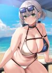  1girl bangs blush breasts cleavage closed_mouth collarbone eyewear_on_head green_eyes grey_hair highres hololive large_breasts looking_at_viewer moisture_(chichi) mole mole_on_breast navel outdoors plump shirogane_noel smile solo two-tone_bikini underboob virtual_youtuber water 