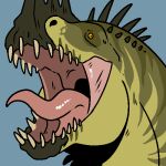  1:1 ambiguous_gender blue_background dinosaur glistening glistening_tongue green_body head_spikes imperatorcaesar low_res mouth_shot open_mouth red_tongue reptile scalie sharp_teeth simple_background solo spikes spikes_(anatomy) striped_body stripes tan_teeth teeth tongue tongue_out wide_eyed 