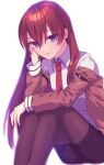  1girl black_pantyhose black_shorts brown_hair brown_jacket closed_mouth commentary_request dress_shirt highres imamiyajet jacket legwear_under_shorts long_hair long_sleeves makise_kurisu necktie pantyhose purple_eyes red_necktie shirt shorts smile solo steins;gate white_shirt 