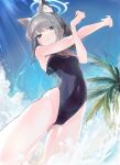  1girl aida_(chinhung0612) animal_ears armpits blue_archive extra_ears from_below hair_ornament hairclip halo highres looking_at_viewer open_mouth ponytail shiroko_(blue_archive) shiroko_(swimsuit)_(blue_archive) swimsuit 