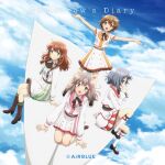  4girls :d ahoge album_cover blue_eyes blue_sky brown_hair cover cue! green_eyes grey_hair hair_ornament long_hair looking_at_viewer maruyama_rie multicolored_hair multiple_girls mutsuishi_haruna official_art open_mouth paper_airplane second-party_source short_hair sky smile tendo_yuuki yomine_miharu 