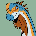  1:1 ambiguous_gender blue_body brown_body brown_spikes dinosaur green_background horizontal_pupils imperatorcaesar long_neck low_res neck_spikes orange_body pupils reptile scalie simple_background solo 