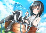  1girl abyssal_ship arm_warmers asashio_(kancolle) black_footwear black_hair black_thighhighs blue_eyes blue_sky cloud collared_shirt comah enemy_naval_mine_(kancolle) holding holding_hose hose kantai_collection loafers long_hair outdoors shirt shoes short_sleeves skirt sky suspender_skirt suspenders tentacles thighhighs wet wet_clothes wet_shirt white_shirt 