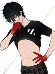  1boy amamiya_ren bangs black_hair black_shirt clothes_lift glasses gloves grey_eyes hair_between_eyes highres lifted_by_self looking_at_viewer male_focus pants persona persona_5 persona_5:_dancing_star_night plaid plaid_pants red_gloves shirt shirt_lift simple_background solo sonomi sweat t-shirt twitter_username upper_body 