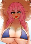  1girl absurdres animal_ear_fluff animal_ears bikini blue_bikini blush breasts cleavage collarbone ears_through_headwear fang fate/grand_order fate_(series) fox_ears fox_girl fox_shadow_puppet hat highres large_breasts long_hair looking_at_viewer open_mouth pink_hair side-tie_bikini skin_fang solo straw_hat sweat swimsuit tamamo_(fate) tamamo_no_mae_(swimsuit_lancer)_(fate) tamamo_no_mae_(swimsuit_lancer)_(second_ascension)_(fate) the_only_shoe 