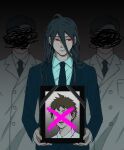  3boys ahoge bangs black_jacket black_necktie breast_pocket closed_mouth coat collared_shirt cross danganronpa_(series) danganronpa_3_(anime) doctor gradient gradient_background grey_background hair_between_eyes hinata_hajime holding iei inaba_55 jacket kamukura_izuru long_hair long_sleeves looking_to_the_side multiple_boys necktie pocket red_eyes shirt short_hair sideways_glance spoilers white_coat 