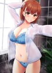  1girl absurdres airi_(satosi) bangs blue_bra blue_panties blush bra breasts cleavage collarbone collared_shirt dress_shirt highres large_breasts long_sleeves looking_at_viewer navel open_clothes open_shirt orange_eyes orange_hair original panties satosi shirt short_hair smile solo thighs underwear white_shirt 