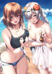  2girls anastasia_(fate) anastasia_(swimsuit_archer)_(fate) bangs bare_shoulders beach bikini black_bikini blue_bikini blue_eyes blush bow braid breasts brown_hair charlotte_corday_(fate) charlotte_corday_(swimsuit_caster)_(fate) cleavage collarbone dress dress_swimsuit fate/grand_order fate_(series) flower flower_wreath green_eyes hair_bow hair_over_one_eye head_wreath highres jewelry kagari_liroi large_breasts long_hair looking_at_viewer lotion_bottle mismatched_bikini multiple_girls navel necklace open_mouth pendant short_hair side_braid smile swimsuit thighs twin_braids very_long_hair wet white_dress white_hair 