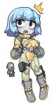  1girl alien bangs blue_hair blunt_bangs boots breasts colored_skin creature_and_personification full_body gloves gray_grunt grey_footwear grey_gloves grey_skin hair_ornament hairclip knee_boots medium_breasts no_nose nyong_nyong personification pouch short_hair simple_background solo standing terraria thigh_strap white_background 