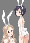  2girls animal_ears aoba_kokona bare_legs black_hair blue_eyes braid braided_bangs breasts brown_eyes brown_hair commentary_request cowboy_shot detached_collar grey_background hair_ornament highres hiraizumi_(mugenkidousha) kurosaki_honoka leotard long_hair looking_at_viewer multiple_girls necktie playboy_bunny rabbit_ears rabbit_tail short_hair simple_background small_breasts strapless strapless_leotard tail upper_body white_leotard white_necktie wrist_cuffs yama_no_susume 