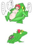  2019 absurd_res all_fours amphibian blush bodily_fluids breasts censored female frog genitals green_body hair hi_res human japanese_text mammal membrane_(anatomy) merging navel nipples pussy red_hair saeku_100kei simple_background tears text webbed_feet what white_background 