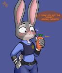  :3 anthro blue_background blush carrot clothing dialogue disney embarrassed female food hand_on_hip hi_res holding_object holding_sex_toy judy_hopps lagomorph leporid mammal offscreen_character plant police_uniform rabbit sex_toy simple_background solo speech_bubble uniform vegetable vibrator zootopia zorroenojado 