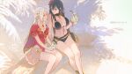  2girls bikini black_bikini blue_hair breasts byleth_(fire_emblem) byleth_(fire_emblem)_(female) cape cleavage cocktail_glass cup drinking_glass edelgard_von_hresvelg fire_emblem fire_emblem:_three_houses fire_emblem_heroes flower hair_flower hair_ornament highres l0gman large_breasts looking_at_another multiple_girls official_alternate_costume one-piece_swimsuit red_swimsuit sitting swimsuit white_hair 
