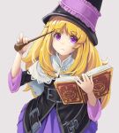  1girl bangs black_headwear black_jacket blonde_hair book capelet closed_mouth commentary_request frilled_skirt frills grey_background grimgrimoire hands_up hat holding holding_book holding_wand jacket lillet_blan long_hair long_sleeves looking_at_viewer open_book purple_eyes purple_skirt simple_background skirt solo very_long_hair wand wapokichi white_capelet wide_sleeves 