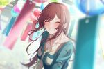  1girl ^_^ absurdres blurry blurry_foreground blush brown_hair closed_eyes depth_of_field earrings floating_hair green_shirt grin highres idolmaster idolmaster_shiny_colors jewelry odecono3 osaki_amana shirt smile solo upper_body wind_chime 