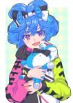  1girl @_@ animal_ears ariga_toko bangs blue_eyes blue_hair bow crossed_bangs doll_hug folded_twintails hair_bow heterochromia hood hood_down hoodie horse_ears long_hair long_sleeves looking_at_viewer object_hug open_mouth purple_eyes sharp_teeth smile solo stuffed_animal stuffed_bunny stuffed_toy teeth twin_turbo_(umamusume) umamusume upper_body 