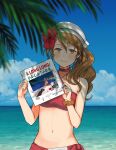  1girl a_long_vacation album_cover_redraw annin_musou beach bikini blue_sky blurry brown_eyes brown_hair cloud commentary_request day depth_of_field derivative_work hat highres holding horizon italia_(kancolle) kantai_collection littorio_(kancolle) long_hair looking_at_viewer ocean orange_scrunchie outdoors palm_leaf ponytail red_bikini scrunchie sky solo swimsuit upper_body wavy_hair wrist_scrunchie 